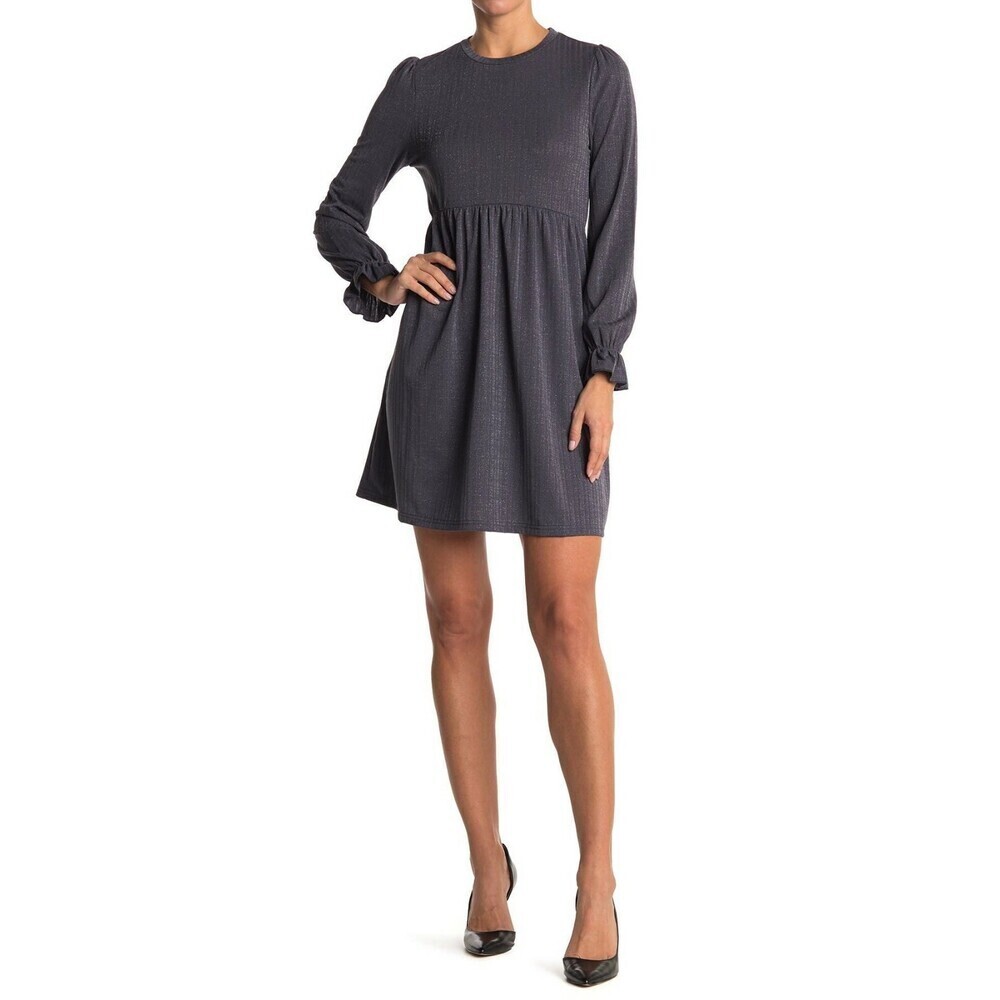 MELLODAY Babyrib Crew Neck Long Bubble Sleeve Dress In Blue Grey Sparkle Size S